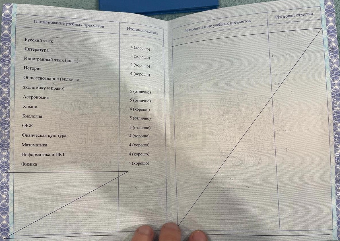Оценочный лист аттестата о среднем полном общем образовании МБОУ Гимназий №1 г. Бийска Алтайского края 2019 года